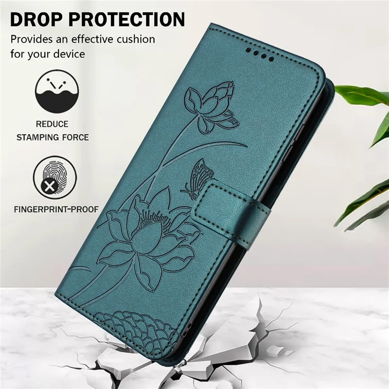 For TECNO Spark 50 5G Case Wallet Stand Lotus Imprint Leather Phone Cover with Wrist Strap - Dark Green