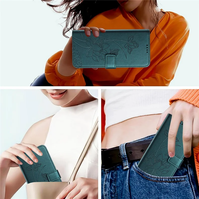 For TECNO Spark 50 5G Case Wallet Stand Lotus Imprint Leather Phone Cover with Wrist Strap - Dark Green