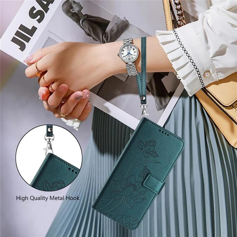 For TECNO Spark 50 5G Case Wallet Stand Lotus Imprint Leather Phone Cover with Wrist Strap - Dark Green