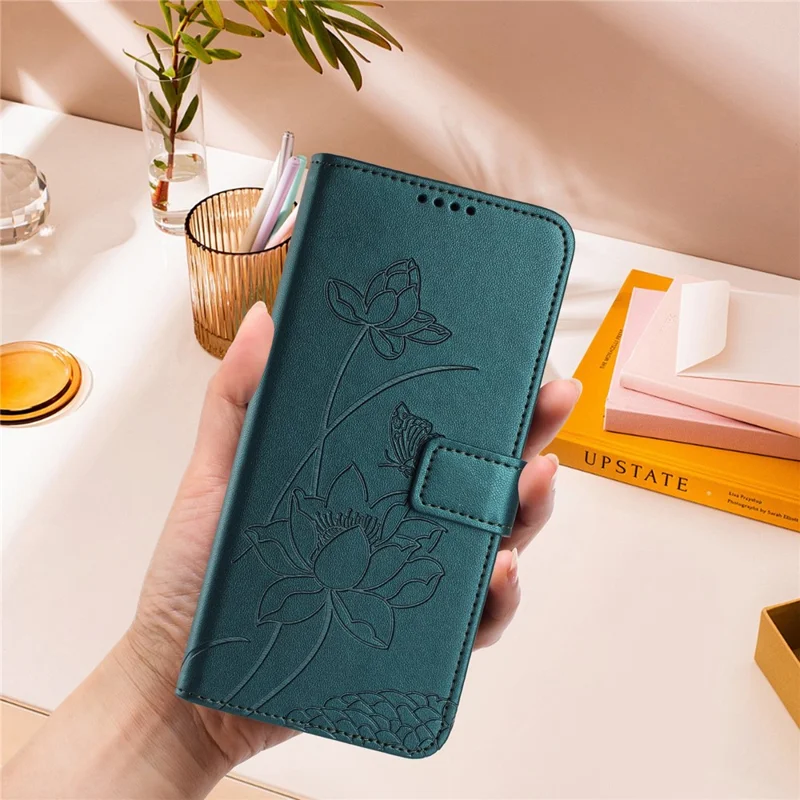 For TECNO Spark 50 5G Case Wallet Stand Lotus Imprint Leather Phone Cover with Wrist Strap - Dark Green