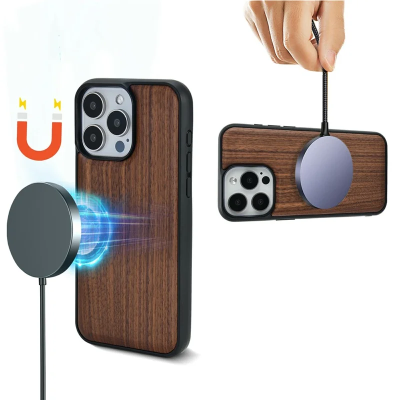 For iPhone 16 Pro Max Magnetic Case Wood + PC + TPU Shockproof Protective Phone Cover - Rosewood