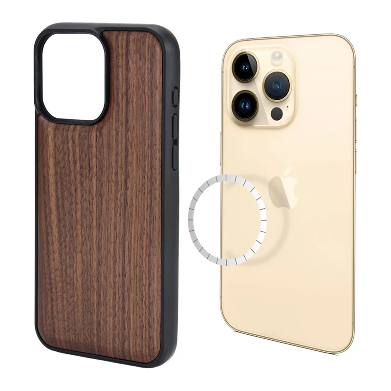 För iPhone 15 Pro Max Magnetisk Skal Av Trä + PC + TPU Smarthusduk - Nötskald