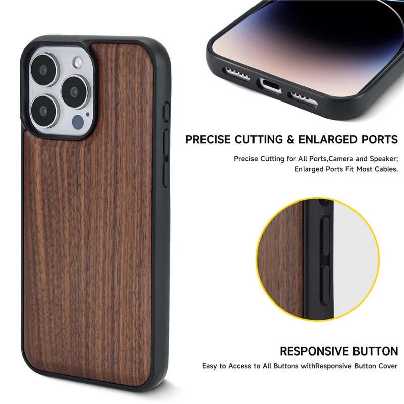För iPhone 15 Pro Max Magnetisk Skal Av Trä + PC + TPU Smarthusduk - Nötskald