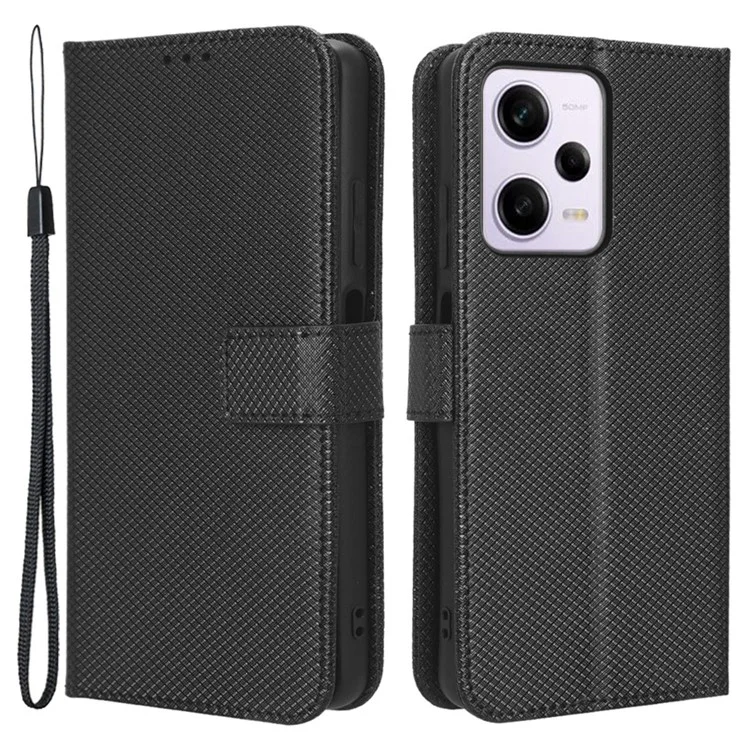Para Xiaomi Redmi Note 12 Pro+ 5G Diamond Texture Case de Teléfono PU Cuero Willet Cubierta de Teléfono Inteligente Anti-scratch Con Correa - Negro