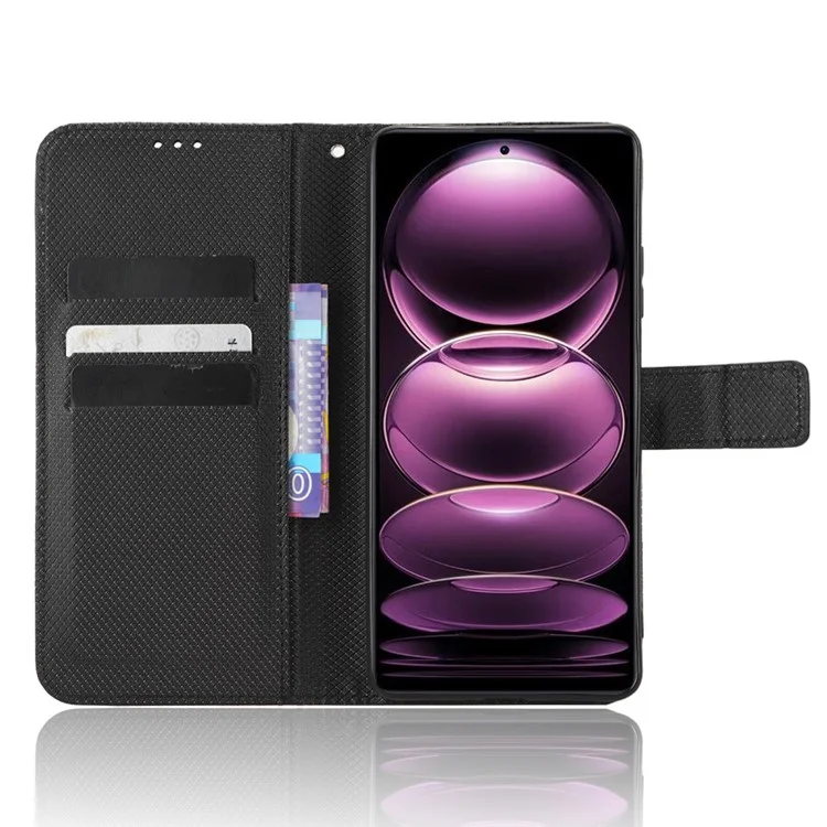 Para Xiaomi Redmi Note 12 Pro+ 5G Diamond Texture Case de Teléfono PU Cuero Willet Cubierta de Teléfono Inteligente Anti-scratch Con Correa - Negro
