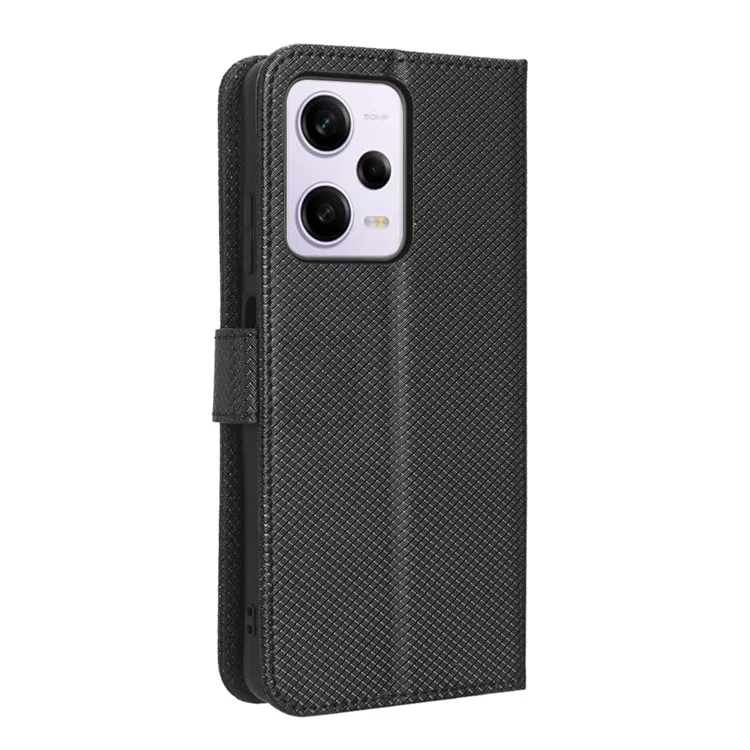Para Xiaomi Redmi Note 12 Pro+ 5G Diamond Texture Case de Teléfono PU Cuero Willet Cubierta de Teléfono Inteligente Anti-scratch Con Correa - Negro