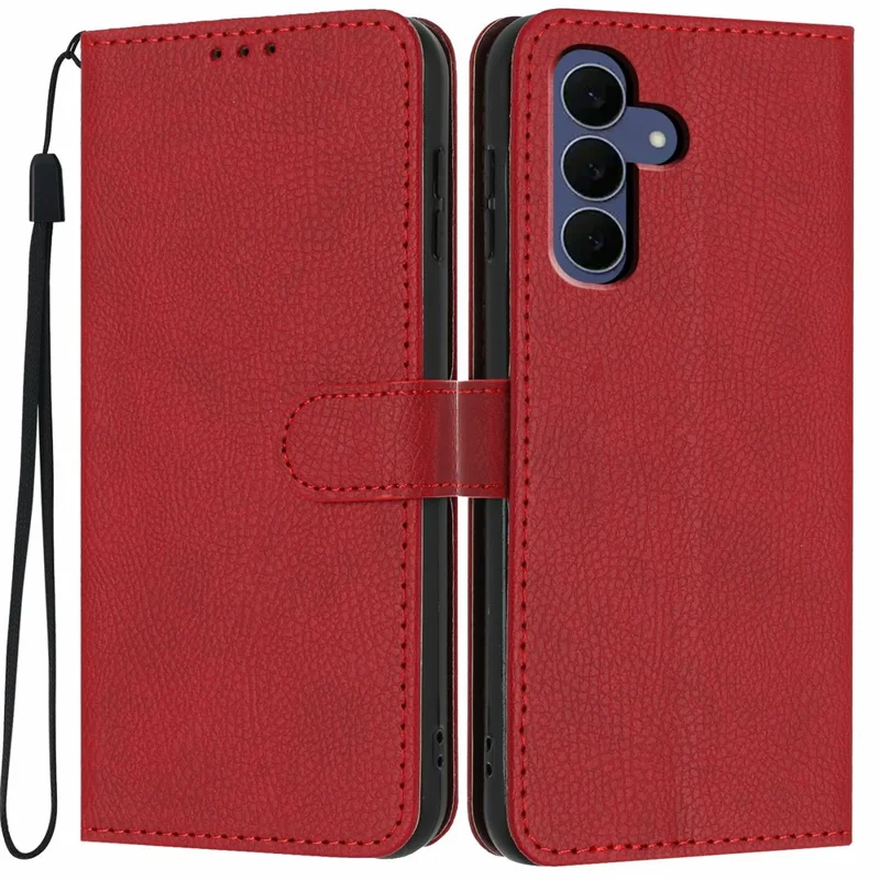 Funda tipo cartera para Samsung Galaxy S26 FE, tapa abatible con textura de cuero de lichi, ranuras para tarjetas y correa de mano - Rojo