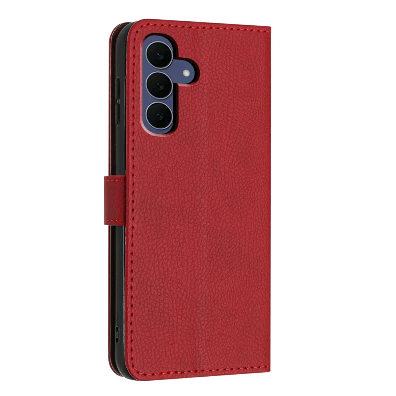 Funda tipo cartera para Samsung Galaxy S26 FE, tapa abatible con textura de cuero de lichi, ranuras para tarjetas y correa de mano - Rojo