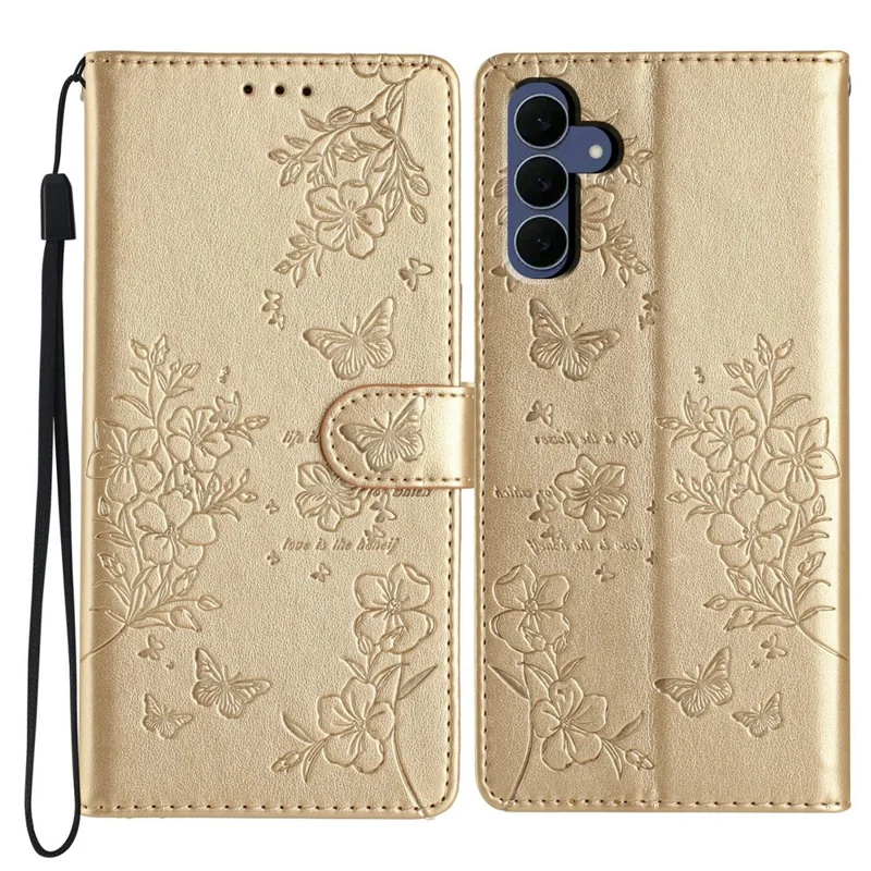 For Samsung Galaxy S26 FE Wallet Phone Case Butterfly Floral Imprint Leather Flip Cover with Strap - Gold