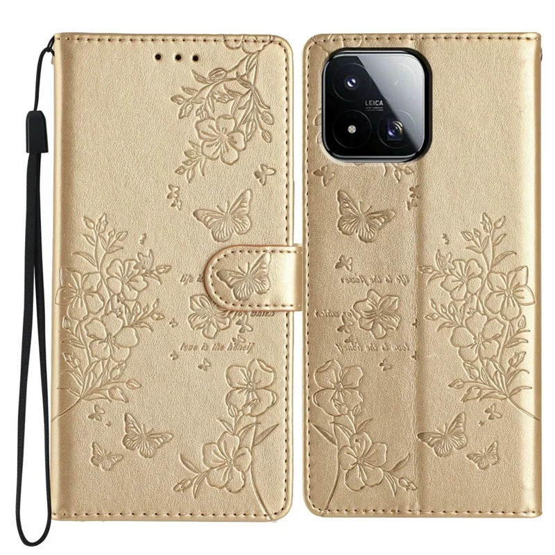 For Xiaomi 17 Max Wallet Phone Case Butterfly Floral Imprint Leather Flip Cover with Strap - Gold
