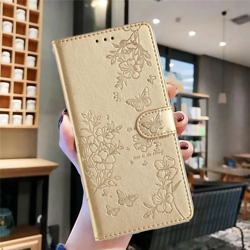 For Xiaomi 17 Max Wallet Phone Case Butterfly Floral Imprint Leather Flip Cover with Strap - Gold