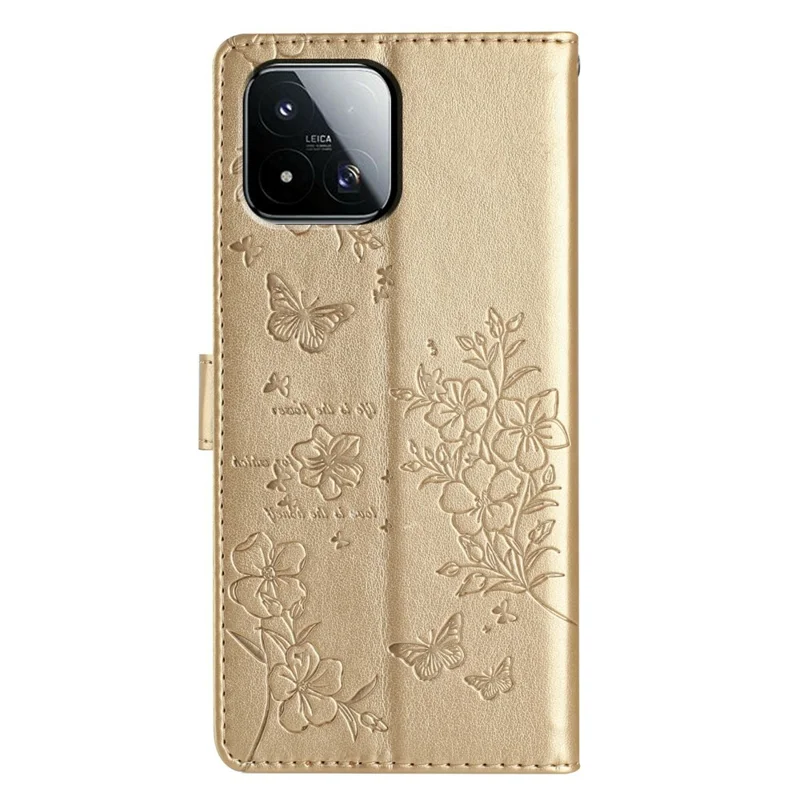 For Xiaomi 17 Max Wallet Phone Case Butterfly Floral Imprint Leather Flip Cover with Strap - Gold