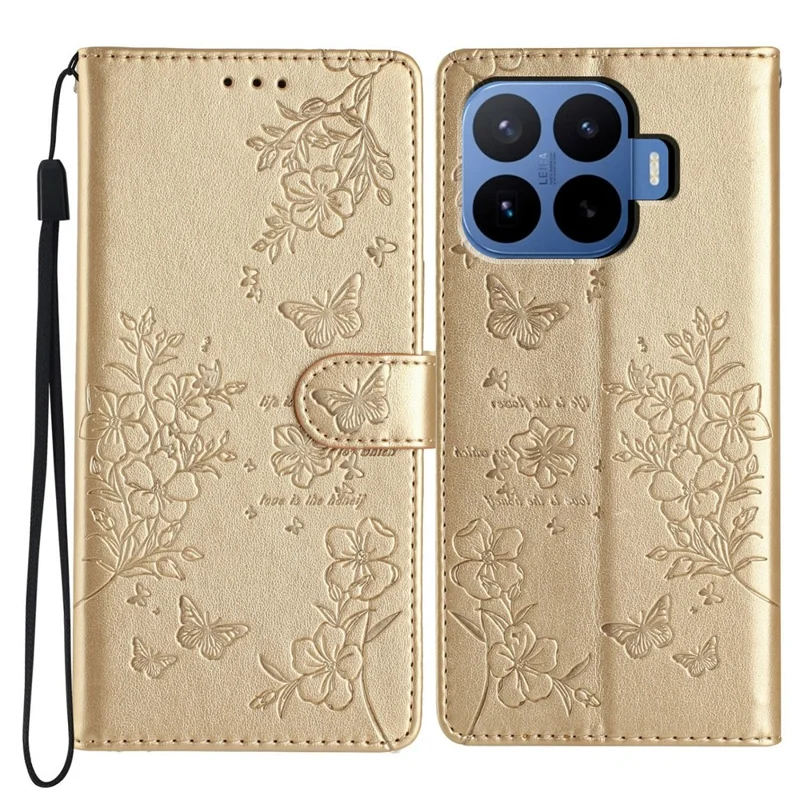 For Xiaomi 17T Pro Wallet Phone Case Butterfly Floral Imprint Leather Flip Cover with Strap - Gold