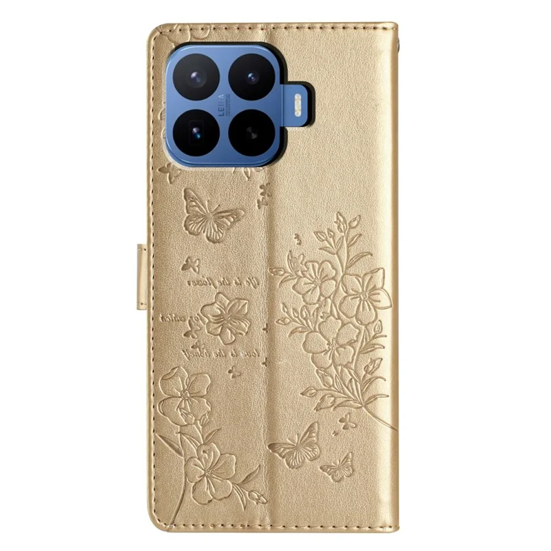 For Xiaomi 17T Pro Wallet Phone Case Butterfly Floral Imprint Leather Flip Cover with Strap - Gold