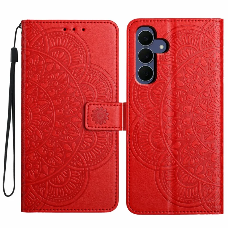 Funda de cuero para Samsung Galaxy S26 FE con soporte, ranuras para tarjetas, diseño de patrón mandala y correa de mano - Rojo