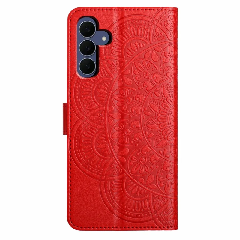 Funda de cuero para Samsung Galaxy S26 FE con soporte, ranuras para tarjetas, diseño de patrón mandala y correa de mano - Rojo