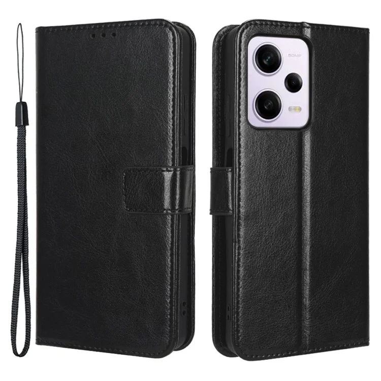 Protective Phone Cover For Xiaomi Redmi Note 12 Pro+ 5G Crazy Horse Texture Magnetic Clasp PU Leather Case Wallet Stand with Strap - Black
