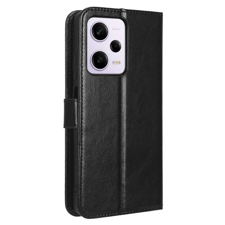 Protective Phone Cover For Xiaomi Redmi Note 12 Pro+ 5G Crazy Horse Texture Magnetic Clasp PU Leather Case Wallet Stand with Strap - Black