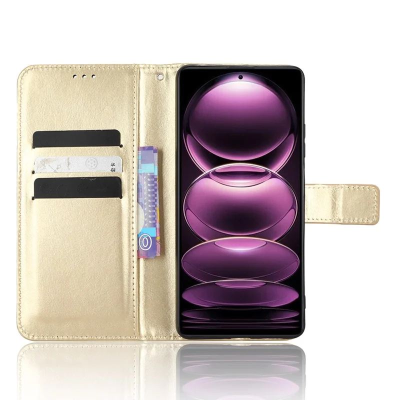 Protective Phone Cover For Xiaomi Redmi Note 12 Pro+ 5G Crazy Horse Texture Magnetic Clasp PU Leather Case Wallet Stand with Strap - Gold