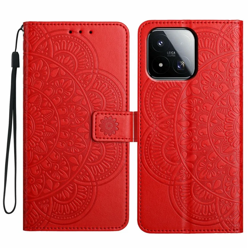For Xiaomi 17 Max Leather Case Stand Card Slots Mandala Pattern Phone Cover with Wrist Strap - Red