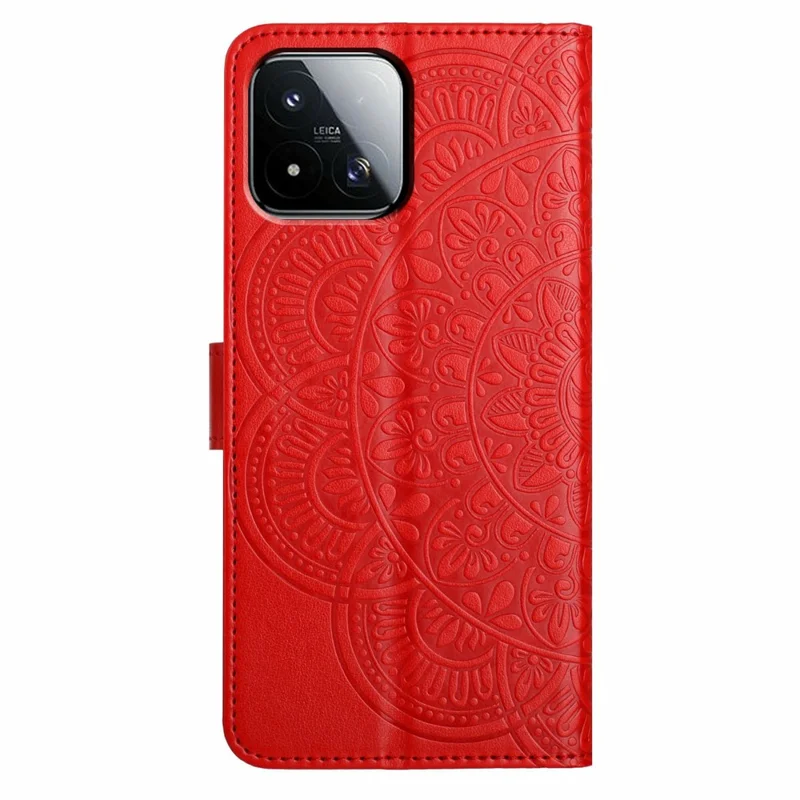 For Xiaomi 17 Max Leather Case Stand Card Slots Mandala Pattern Phone Cover with Wrist Strap - Red