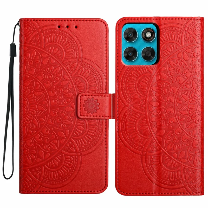 For Motorola Moto G87 5G Leather Case Stand Card Slots Mandala Pattern Phone Cover with Wrist Strap - Red
