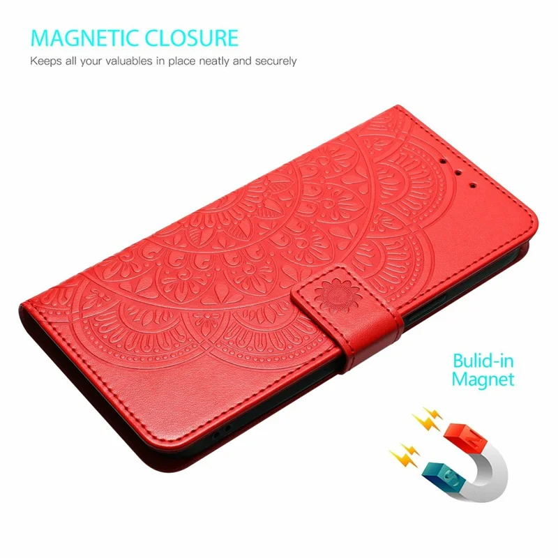 For Motorola Moto G87 5G Leather Case Stand Card Slots Mandala Pattern Phone Cover with Wrist Strap - Red