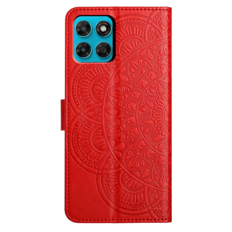 For Motorola Moto G87 5G Leather Case Stand Card Slots Mandala Pattern Phone Cover with Wrist Strap - Red