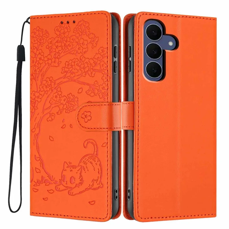 Funda con soporte para Samsung Galaxy S26 FE, funda protectora con diseño de árbol y gato, billetera de cuero PU con correa de muñeca - Naranja