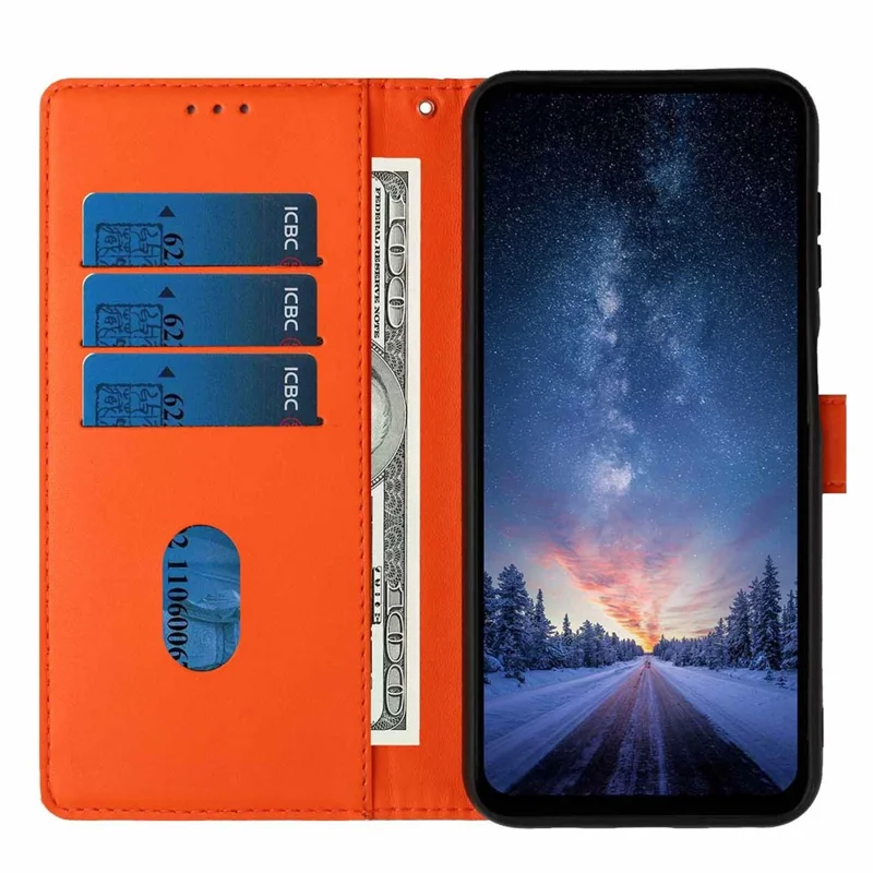 Funda con soporte para Samsung Galaxy S26 FE, funda protectora con diseño de árbol y gato, billetera de cuero PU con correa de muñeca - Naranja