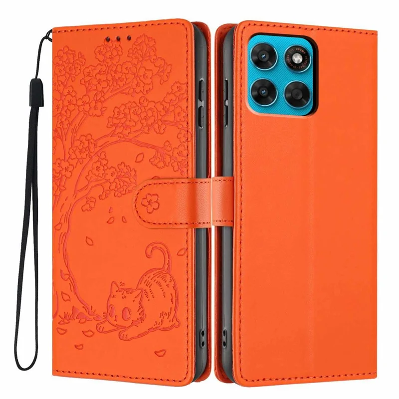 For Motorola Moto G87 5G Stand Case Træ-og-kat-mønster PU-læder Wallet Beskyttelsesdæksel med håndledsrem - Orange