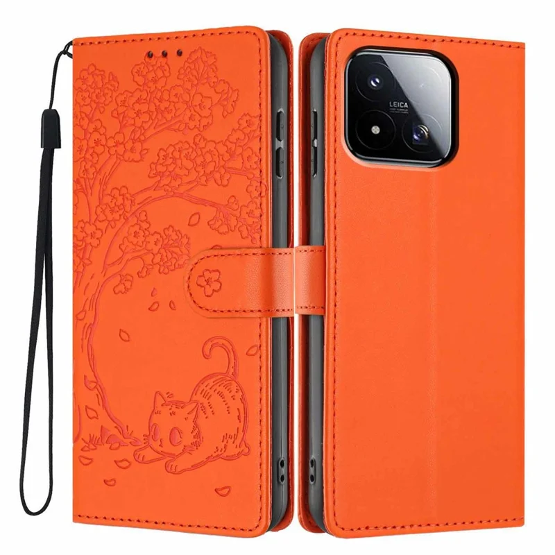 For Xiaomi 17 Max Stand Case Tree-and-Cat Pattern PU Leather Wallet Protective Phone Cover with Wrist Strap - Orange