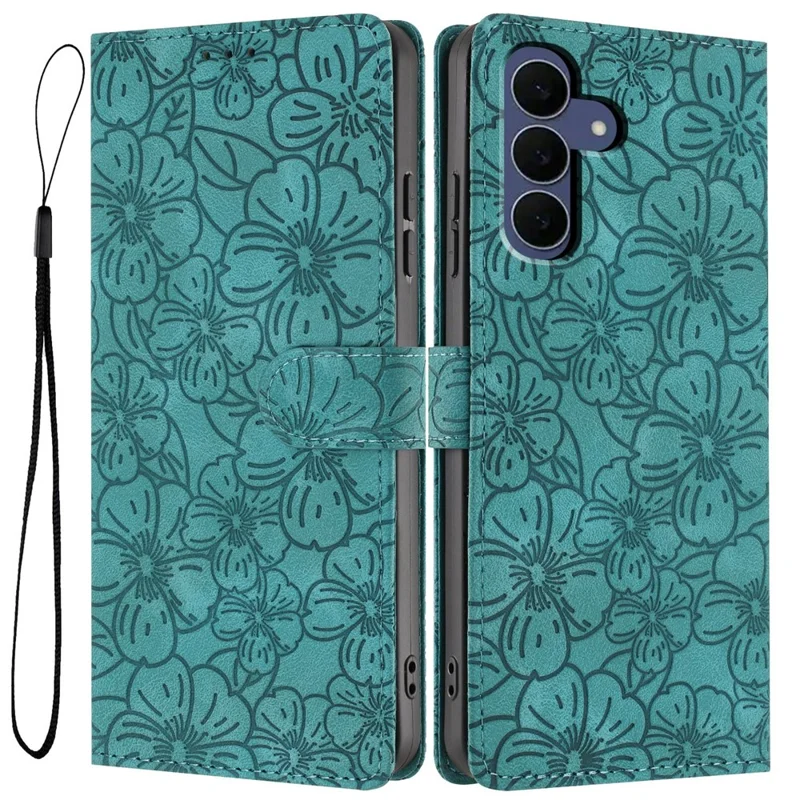 Flipcase für Samsung Galaxy S26 FE mit Kirschblütenmuster Lederne Wallet-Handyhülle mit Ständer und Handschlaufe - Grün