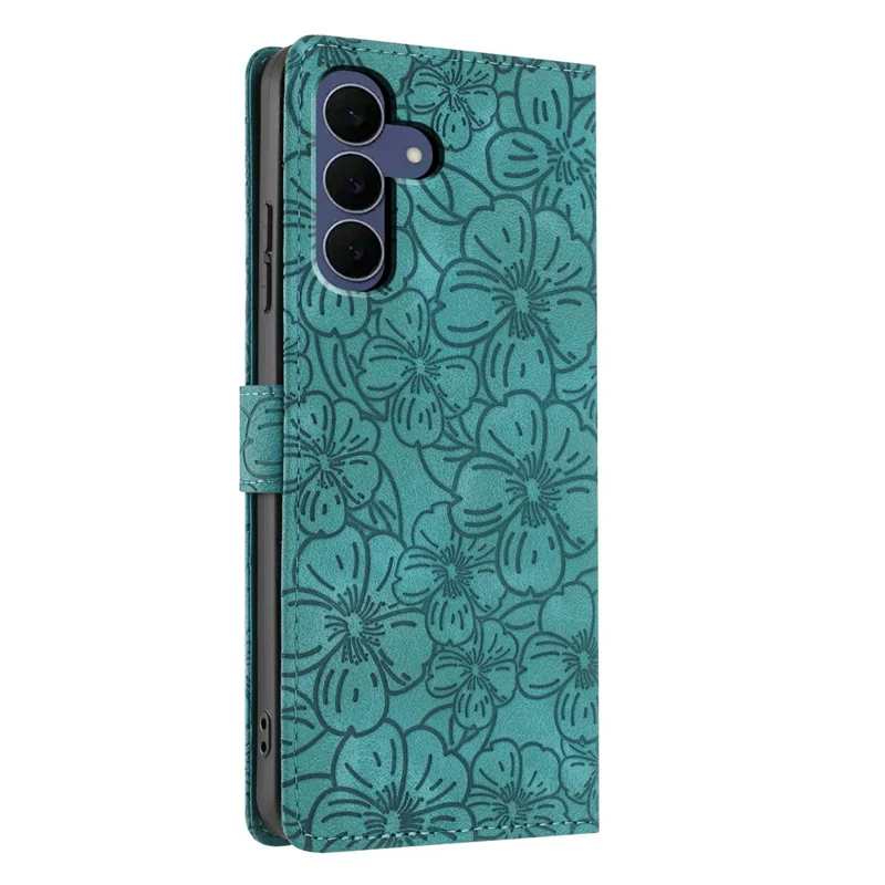 Flipcase für Samsung Galaxy S26 FE mit Kirschblütenmuster Lederne Wallet-Handyhülle mit Ständer und Handschlaufe - Grün