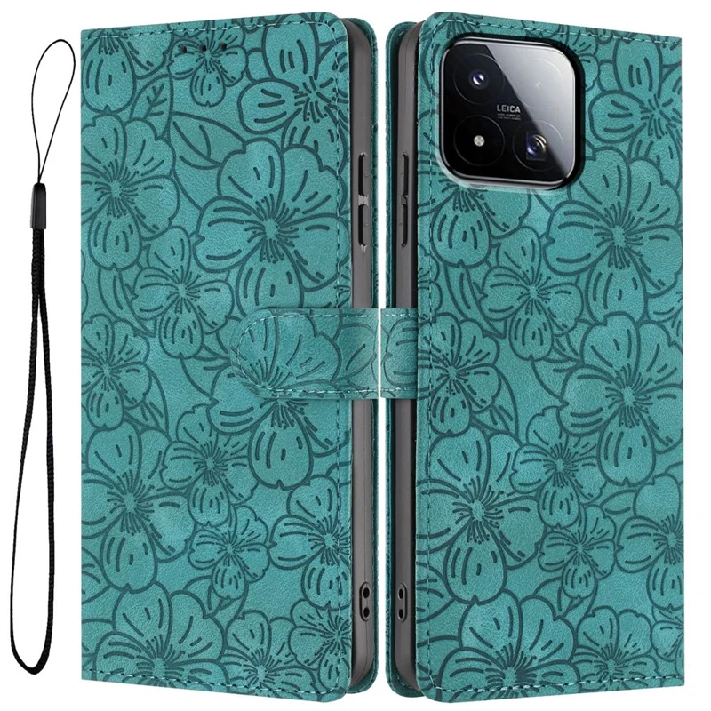 For Xiaomi 17 Max Flip Case Cherry Blossom Pattern Leather Wallet Stand Phone Cover with Wrist Strap - Green