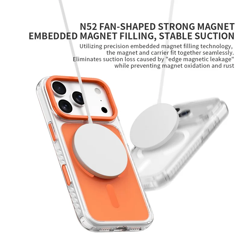 ZGA para iPhone 17 Pro Max Capa Transparente com Estrutura de Lente Magnética, Suporte Integrado, PC TPU - Laranja