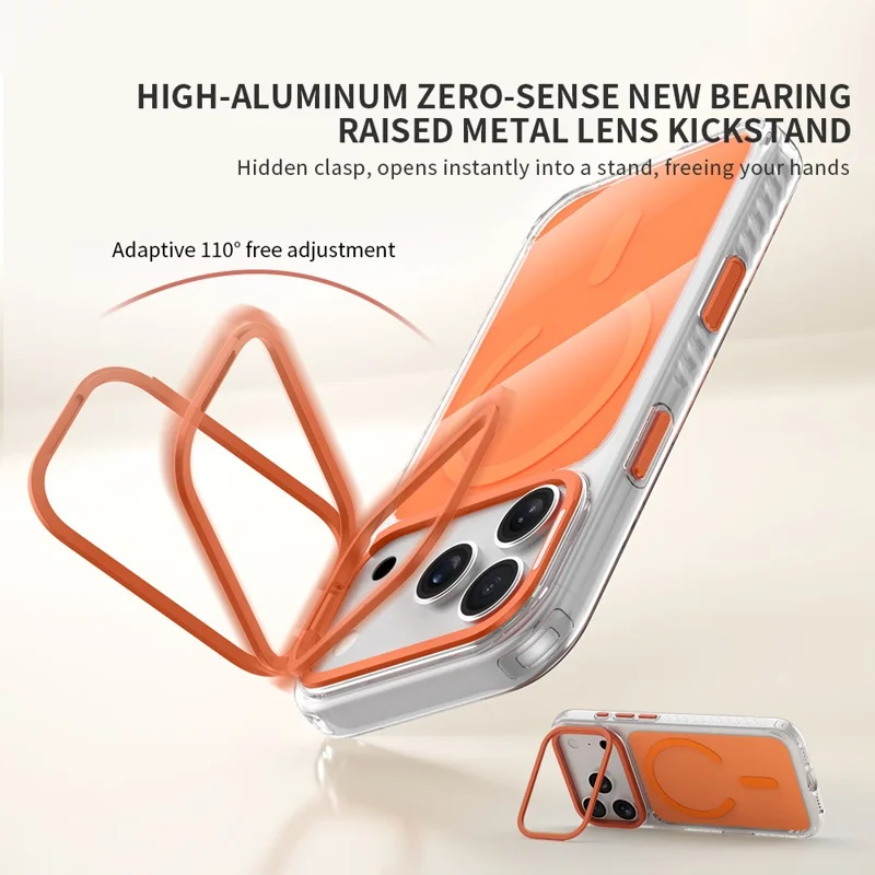 ZGA para iPhone 17 Pro Max Capa Transparente com Estrutura de Lente Magnética, Suporte Integrado, PC TPU - Laranja