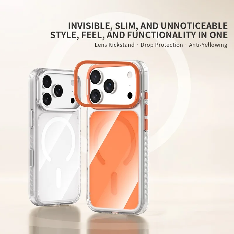 ZGA para iPhone 17 Pro Max Capa Transparente com Estrutura de Lente Magnética, Suporte Integrado, PC TPU - Laranja
