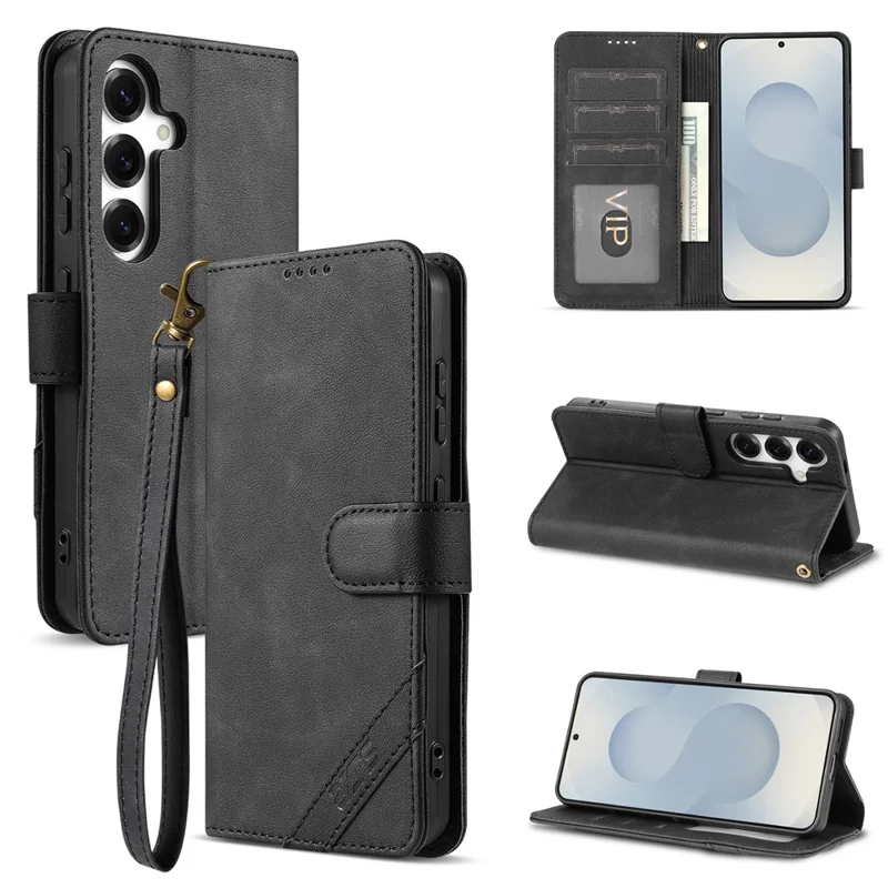 Funda de cuero AZNS A2 para Samsung Galaxy S26 FE con correa de muñeca, billetera con función de soporte y bloqueo RFID - Negro