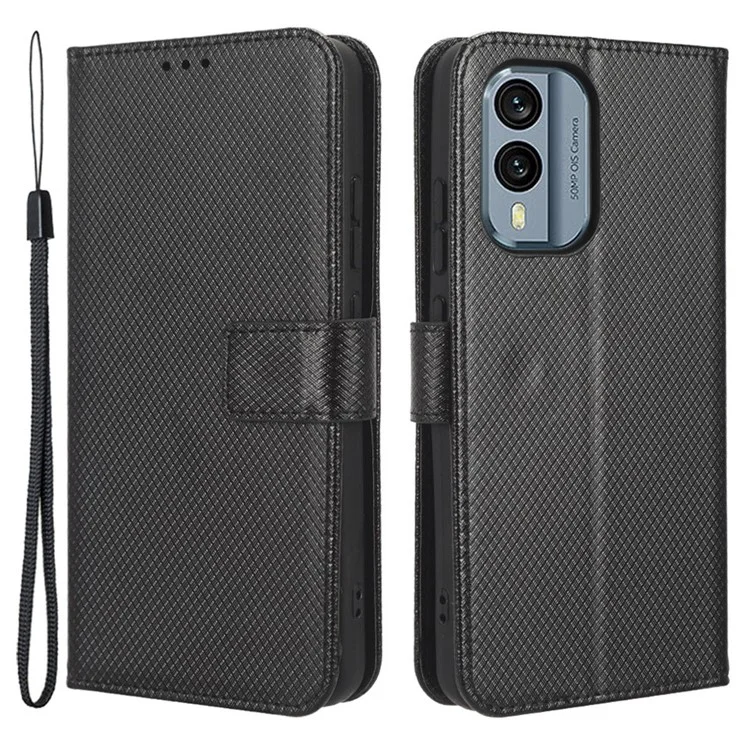 For Nokia X30 5G Magnetic Clasp Phone Case Diamond Texture PU Leather Foldable Stand Scratch-resistant Flip Wallet Cover - Black