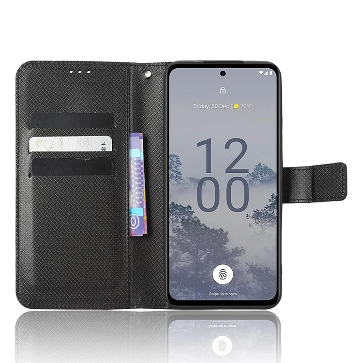 For Nokia X30 5G Magnetic Clasp Phone Case Diamond Texture PU Leather Foldable Stand Scratch-resistant Flip Wallet Cover - Black