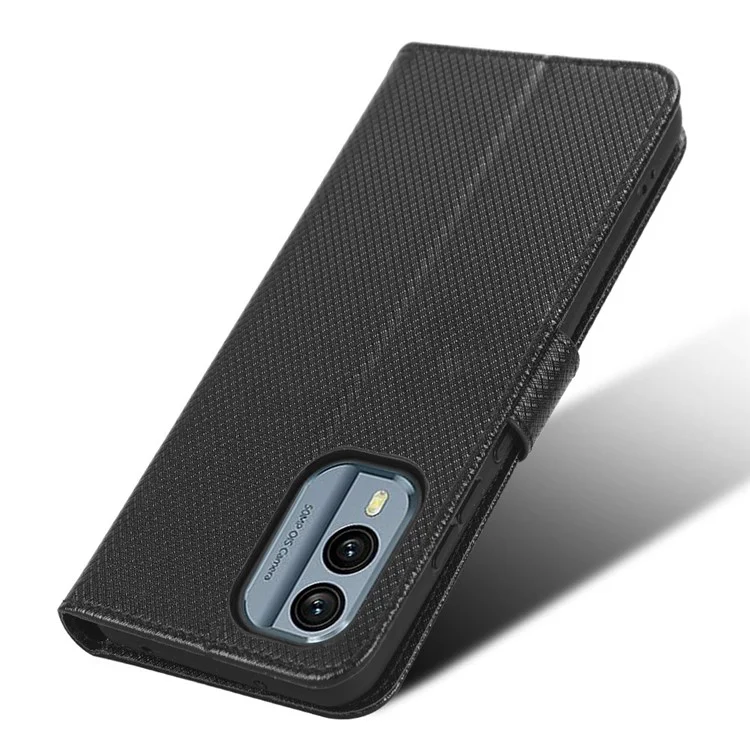 For Nokia X30 5G Magnetic Clasp Phone Case Diamond Texture PU Leather Foldable Stand Scratch-resistant Flip Wallet Cover - Black
