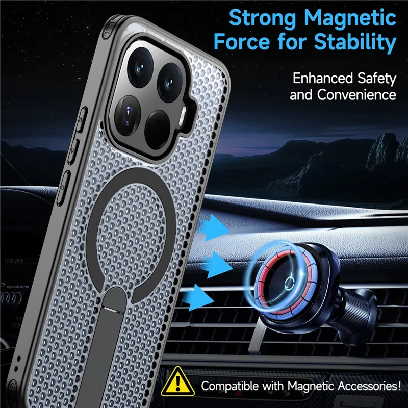 For Xiaomi 17T Magnetic Case Kickstand Grid Texture TPU PC Phone Back Cover - Black