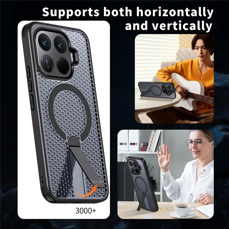 For Xiaomi 17T Magnetic Case Kickstand Grid Texture TPU PC Phone Back Cover - Black