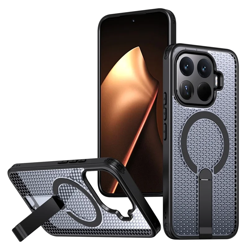 For Xiaomi 17T Pro Magnetic Case Kickstand Grid Texture TPU PC Phone Back Cover - Black