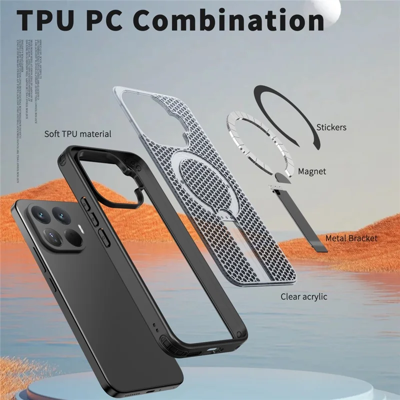 For Xiaomi 17T Pro Magnetic Case Kickstand Grid Texture TPU PC Phone Back Cover - Black