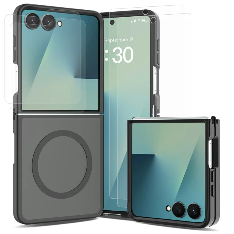Coque magnétique TPU+PC pour Samsung Galaxy Z Flip8 avec 2 films en verre trempé pour écran extérieur + 2 films hydrogel pour écran intérieur - Noir