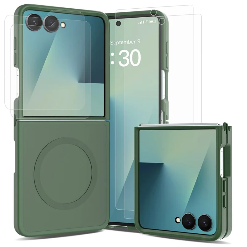 For Samsung Galaxy Z Flip8 TPU+PC Magnetic Case with 2Pcs Outer Screen Tempered Glass Film + 2Pcs Inner Screen Hydrogel Film - Green