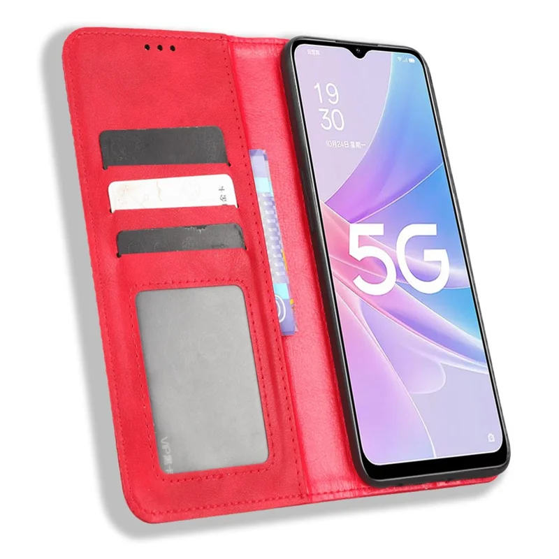 Para Oppo A58 5G Patrón Impreso PU Cuero PU Cuero Amortiguador de Choque de la Billetera de la Billetera de la Billetera Retro Del Cierre Magnético de la Cubierta Anti-scratch Portada - Rojo