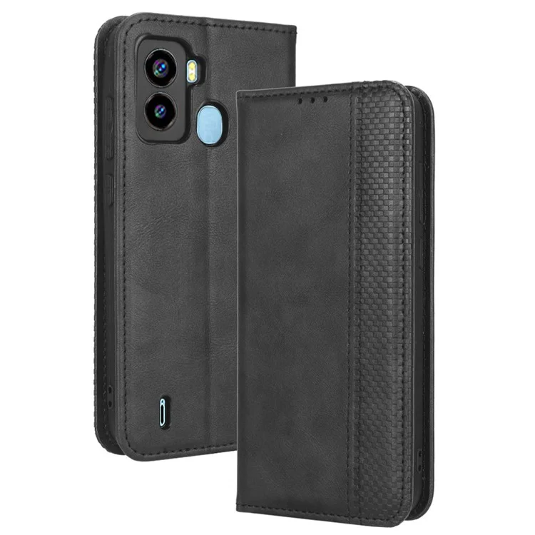 Copertina Del Telefono Retrò Per Tecno Pop 6 4g / Be7, Motivi Impronte Flip Pulfulina Del Portafoglio Coperchio di Chiusura Automatica Magnetica - Nero